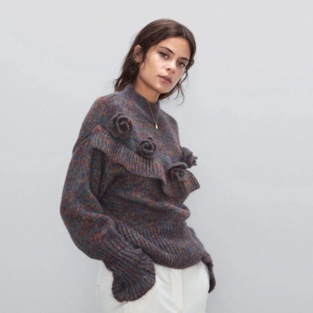 Zara Mohair Ruffle multicolor appliqué Sweater LG